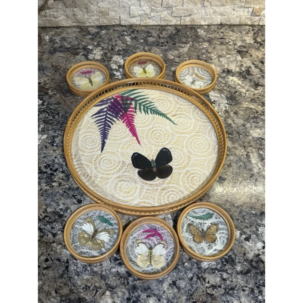 Vintage Butterfly Tray & 6 Coaster Set Pressed Butterfly Botanical Bamboo Tray